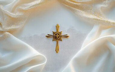 Wall Mural - white fabric frame with golden star and cross.