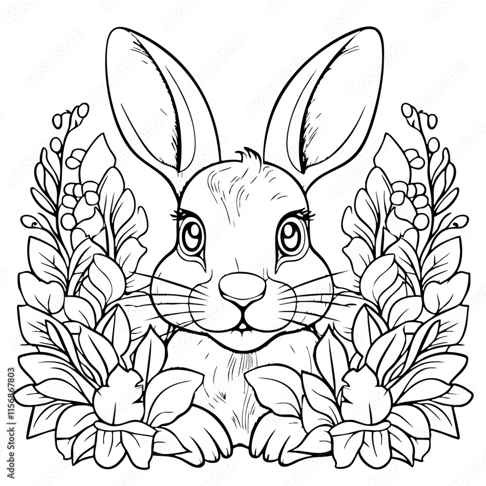 printable coloring pages of a rabbit looking through flowers decoration ...