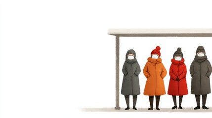 PM2.5 concept. People waiting at a bus stop in winter clothing.