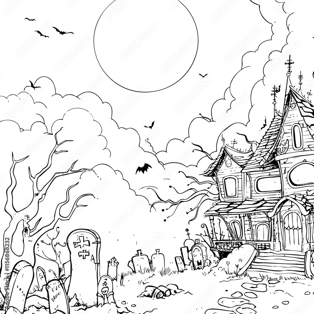 printable coloring pages of Scary witch house with dense clouds and ...
