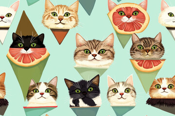 Naklejka na meble Cute cats in ice cream cones and fruit slices pattern