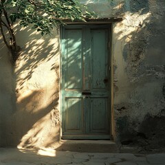 Poster - Sunlit Rustic Green Door on Old Weathered Wall