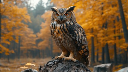 majestic owl perched on a tree stump in an autumn forest.