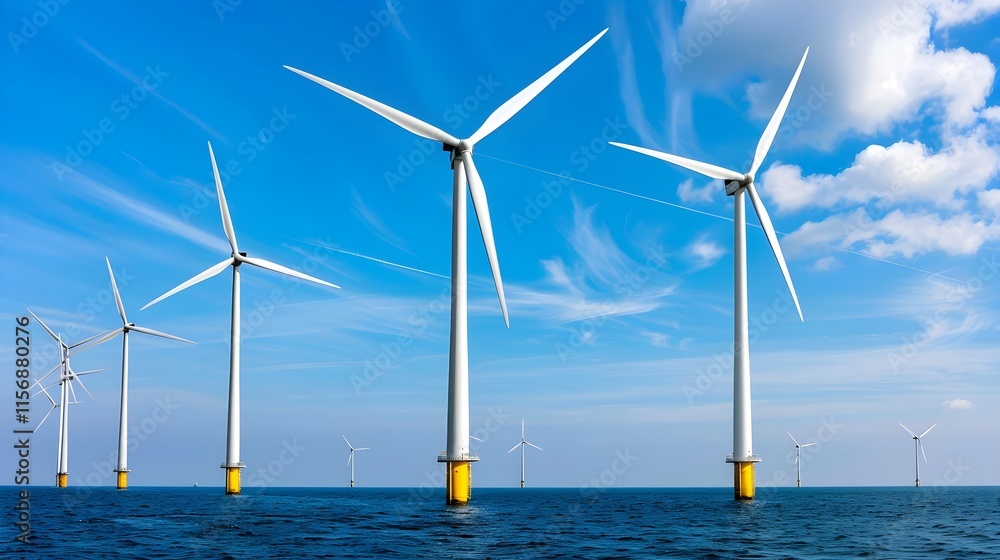 Offshore Wind Turbines Under Blue Sky and Fluffy Clouds at Sea Stock ...