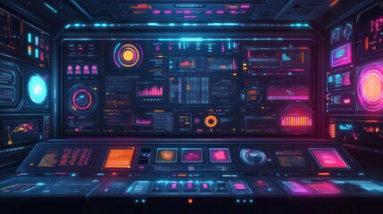 Futuristic control room with vibrant displays showing data and graphs. (1)