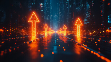 Wall Mural - A city street with a bright orange arrow pointing to the right. The image has a futuristic feel to it, with the orange arrows and the city lights creating a sense of movement and energy