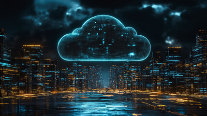 Wall Mural - A cityscape with a large blue cloud hovering over it. The city is lit up with bright lights, creating a futuristic and technological atmosphere