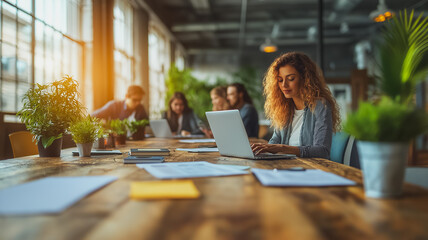 Wall Mural - A woman is working on a laptop in a room with several potted plants. The room appears to be a shared workspace, with other people present. The atmosphere seems to be focused and productive