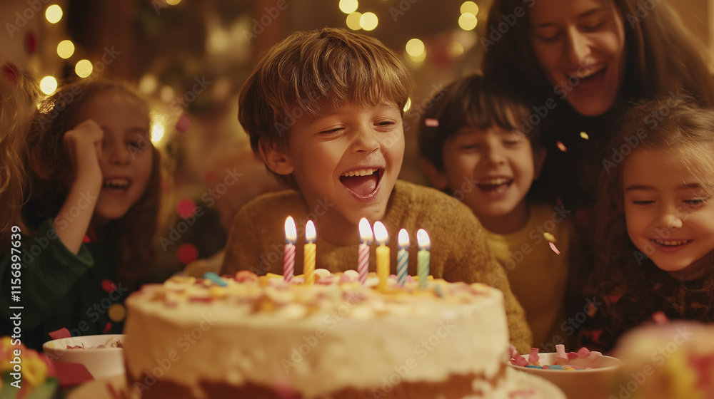 Excited children gathered around a birthday cake with lit candles ...