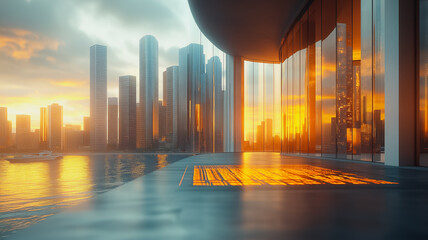 Sticker - A city skyline with a large glass building in the middle. The sun is setting and the water is reflecting the orange sky