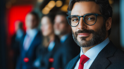 Wall Mural - A man wearing a suit and glasses is smiling for the camera. Concept of professionalism and confidence