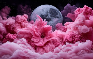 pink flowers moon and cloudscape surreal dreamy art