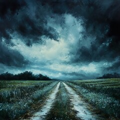 Canvas Print - Stormy Countryside Road: A Dramatic Landscape Painting