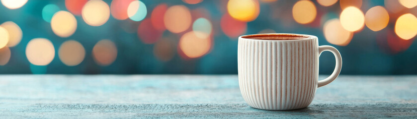 Warm mug of hot cocoa on wooden table with colorful bokeh lights