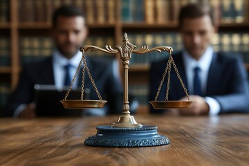 Man in Suit Sitting at Table with Scale of Justice Symbolizing Law