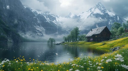 Canvas Print - Serene Mountain Lake Cottage: Spring Landscape