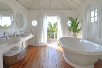 Wall Mural - Soaker Tub in White Bathroom with Dual Sinks and Luxurious Interior Design