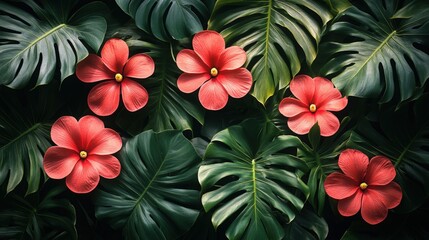 Canvas Print - Red flowers and lush green tropical leaves background.