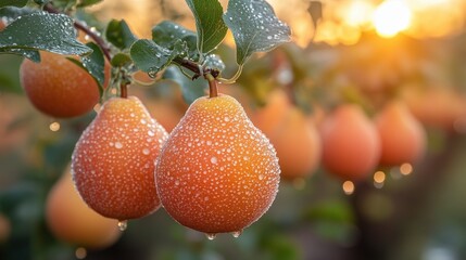 Canvas Print - Ripe pears on a branch at sunset, covered in dew drops.