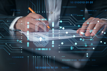 Woman typing on laptop at office workplace in background. Concept of working process, internet surfing, online business education. Student send e-mail. Close up view. Hands Shot. Lock security data