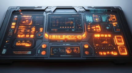 Futuristic control panel with glowing orange interface displays.
