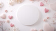 Aesthetic flat lay with pastel coloured hearts and flowers, white circular center for copy space. Generative AI