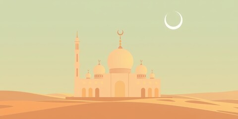 Minimalist mosque with domes and minarets with a simple background