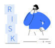 © robu_s - Person in blue shirt thinking with hand on chin, next to stacked blocks spelling RISK. Ideal for business strategy, decision making, risk management, financial planning, problem solving, consulting