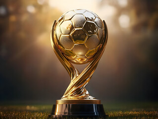 Wall Mural - A 3D golden trophy with a soccer ball design shown in an illustration