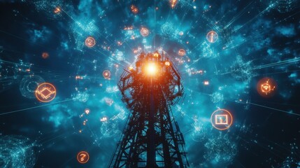Wall Mural - tower radiating bright energy with digital icons and vivid colors