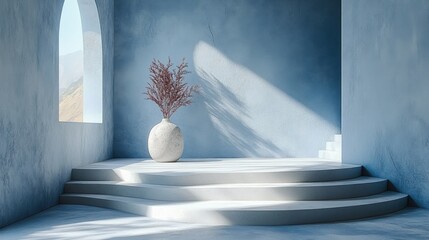 Canvas Print - Minimalist interior with arched window, steps, and vase.