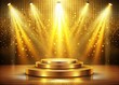 © prapatsorn - Luxurious Golden Podium with Spotlights, Isolated Showcase Stand for Product Presentation on Golden Background