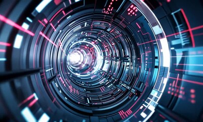Wall Mural - futuristic tunnel with glowing neon lights and digital elements suggesting advanced technology