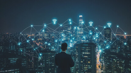 smart digital innovation city with connection network reciprocity over the cityscape. of future smar