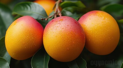 Canvas Print - Ripe mangoes on a tree branch with water droplets.