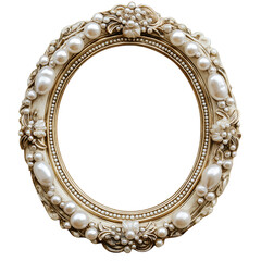 Elegant oval frame with pearl embellishments, Isolated on transparent background cut out