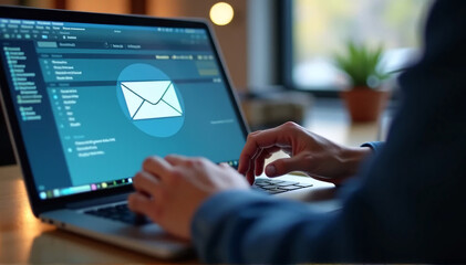 a laptop user with a new email notification displayed. modern workplaces, technology, and communicat