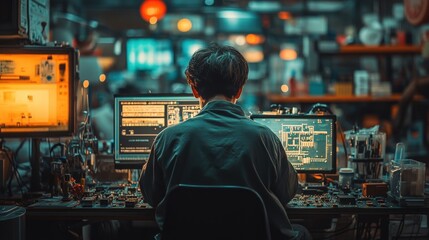 Person working on multiple computer screens in a busy, dimly lit workspace.