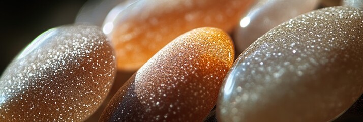 Leinwandbilder - Close-up of smooth, speckled, oval-shaped stones with warm tones.