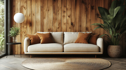 A modern living room setup featuring a beige sofa with two brown throw pillows, positioned against a textured wooden slat wall.