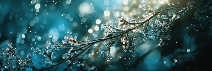 Aufkleber - Icy branch with bokeh background, winter scene.