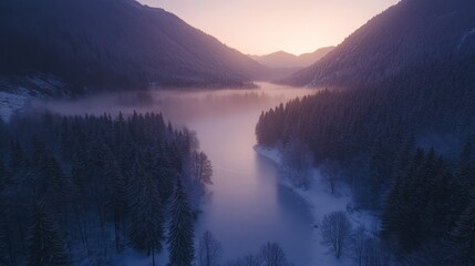 Poster - Aerial view of a serene river valley at sunrise, covered in snow and fog, surrounded by coniferous forest.