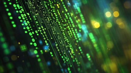Poster - Abstract digital data stream, glowing green binary code cascading down.