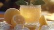 © Milan - A cool beverage of lemon juice with mint, surrounded by fresh lemons and ice cubes, bathed in the warm glow of sunlight, radiating freshness.