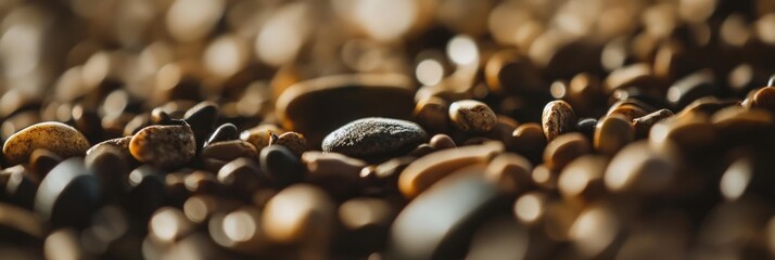 Poster - Close-up of smooth, colorful pebbles on a beach, sunlight illuminating the scene.