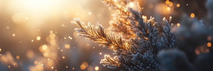 Poster - Frosty pine branch in golden sunlight.