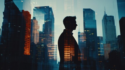 Aufkleber - Silhouette of a man standing before a cityscape at sunset, reflecting ambition and success.
