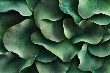 Poster - Close-up of overlapping, textured green leaves with subtle light and shadow variations, creating a natural, organic pattern.