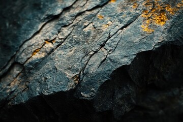 Aufkleber - Close-up of dark gray rock texture with cracks and yellow accents.