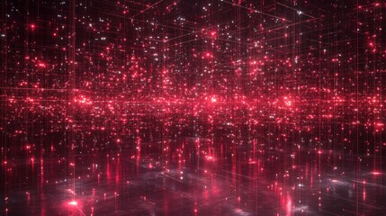 Poster - Abstract red glowing particles and lines forming a grid in dark space.